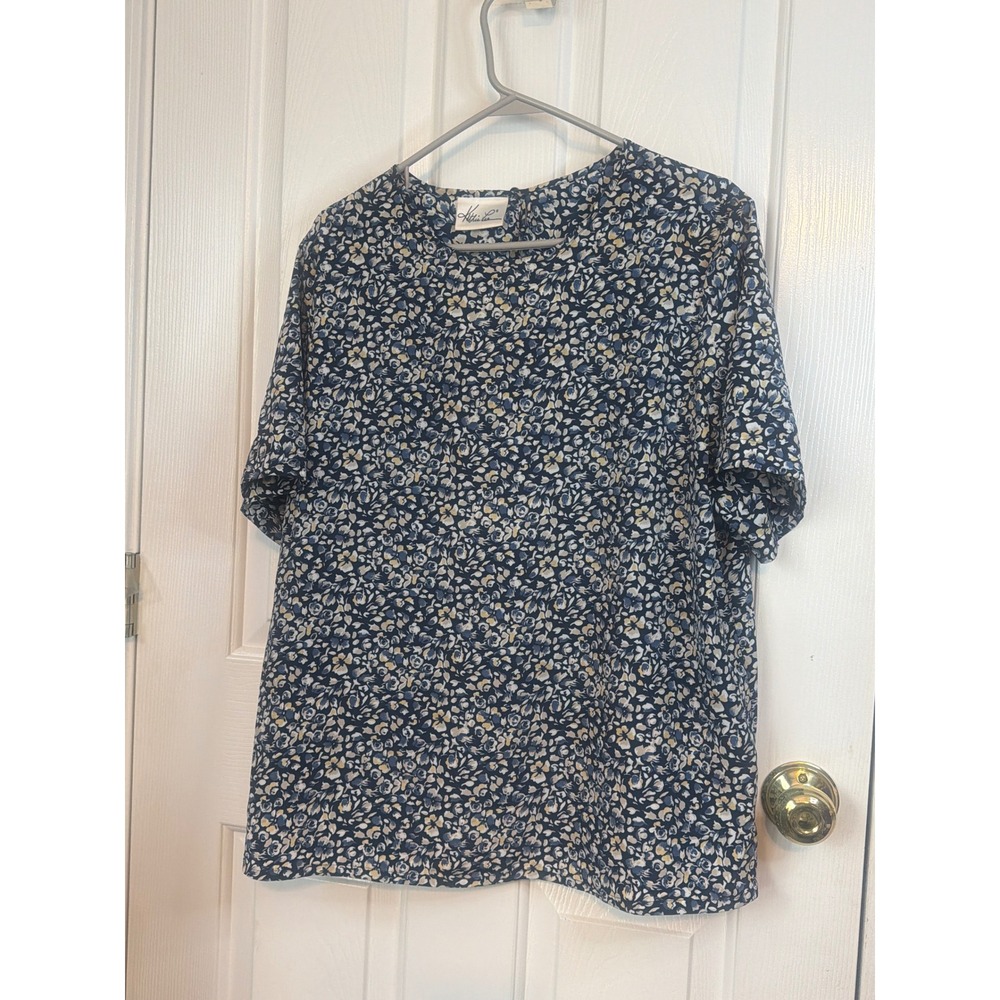 Kathie Lee Womens Floral Short Sleeve Blouse Navy Blue‎ Cream Yellow
